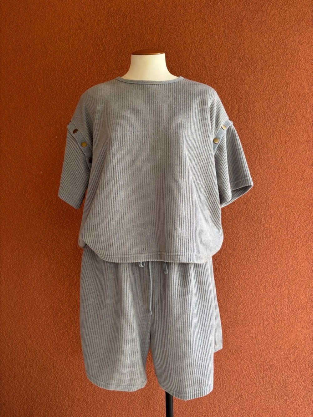 Casual Ribbed Knit Shorts Set - Gray